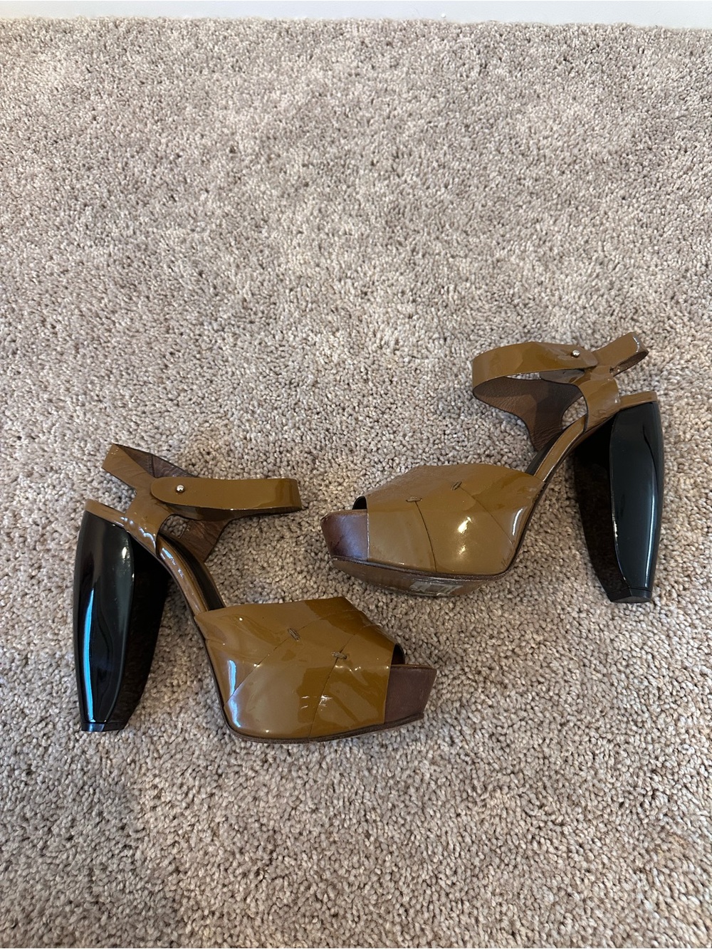 Marni Two-Tone Patent Leather Platform Sandals in Brown and Black
